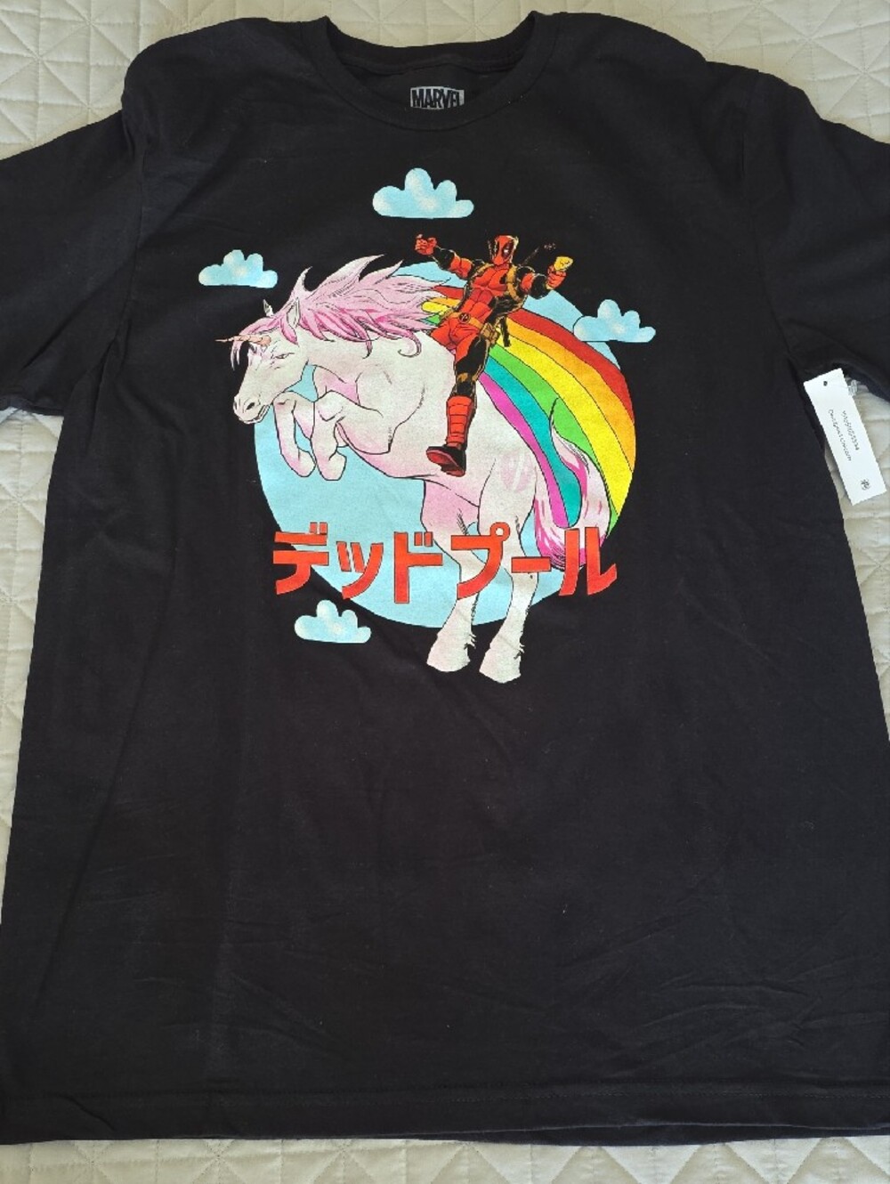 Marvel Black Kids Tee with Deadpool Riding Rainbow Unicorn